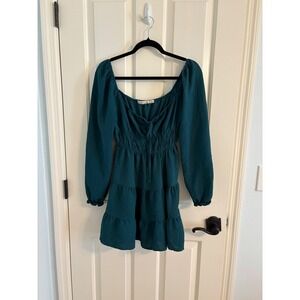 Liberty Love Womens Dress Green Off Shoulder Ruched Long Sleeve Size Medium